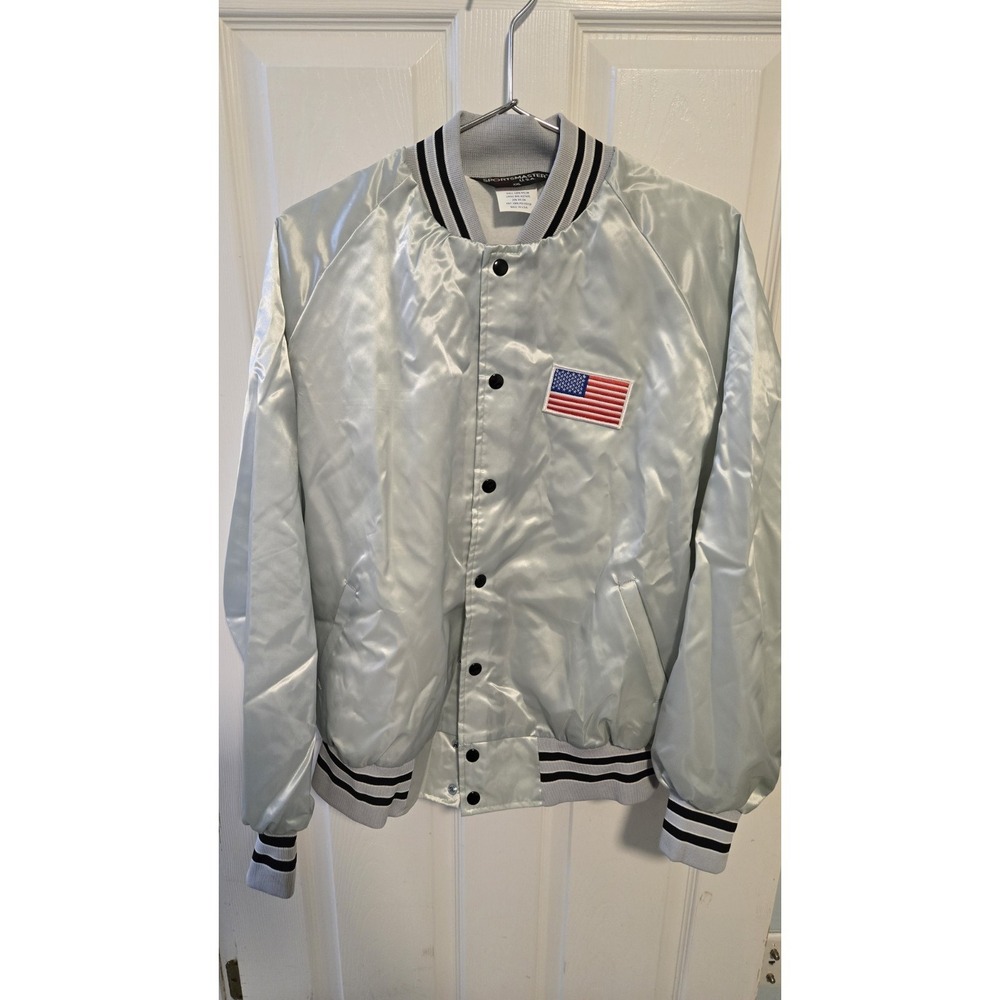 Vintage Sportsmaster USA Space Silver Bomber Jacket Flag Patch Mens XXL Made USA